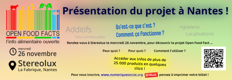 Présentation d'Open Food Facts à Nantes le 26 novembre 2014 lors du Forum Numérique et Social
